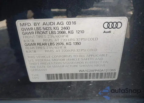 2016 Audi Q5 2.0T Premium из США, поврежденный, VIN WA1C2AFP4GA121355